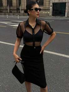 Blusa transparente de malla y gasa de manga corta minimalista para mujer, de estilo casual de negocios - Negro 4 - Ver 5