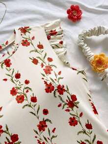 Camiseta casual de mujer con cuello redondo, mangas de volantes y estampado floral, blusas florales para mujer, blusas con mangas de volantes, para salir, blusas de manga corta lindas - Multicolor - Ver 4