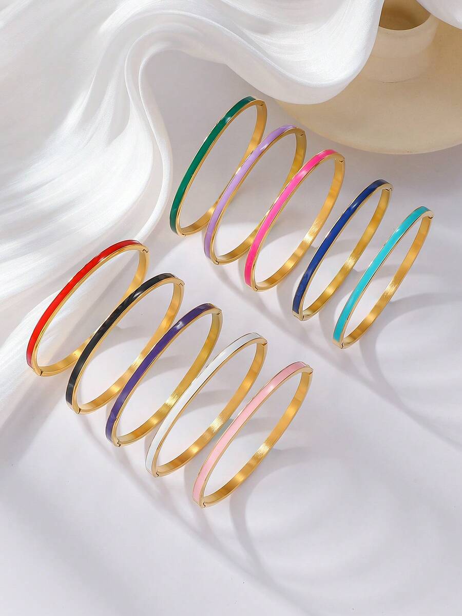 1pc 4mm Thin Fashionable Titanium Steel Bracelet, Gold Color Resin Enamel Clasp Bangle Cuff, Suitable For Women - 4mm - View 1