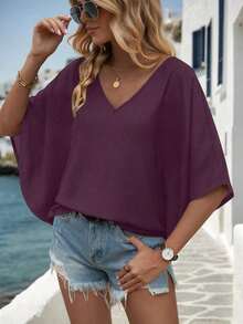 Camisa de manga de murciélago de unicolor casual, verano - Morado - Ver 9