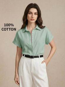 Nueva llegada Camisa casual de manga corta con botones delanteros de unicolor, adecuada para uso diario, primavera/verano - Verde - Ver 9