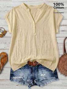 Camisa de mujer de unicolor con cuello en V, casual y versátil para uso diario - Albaricoque - Ver 1