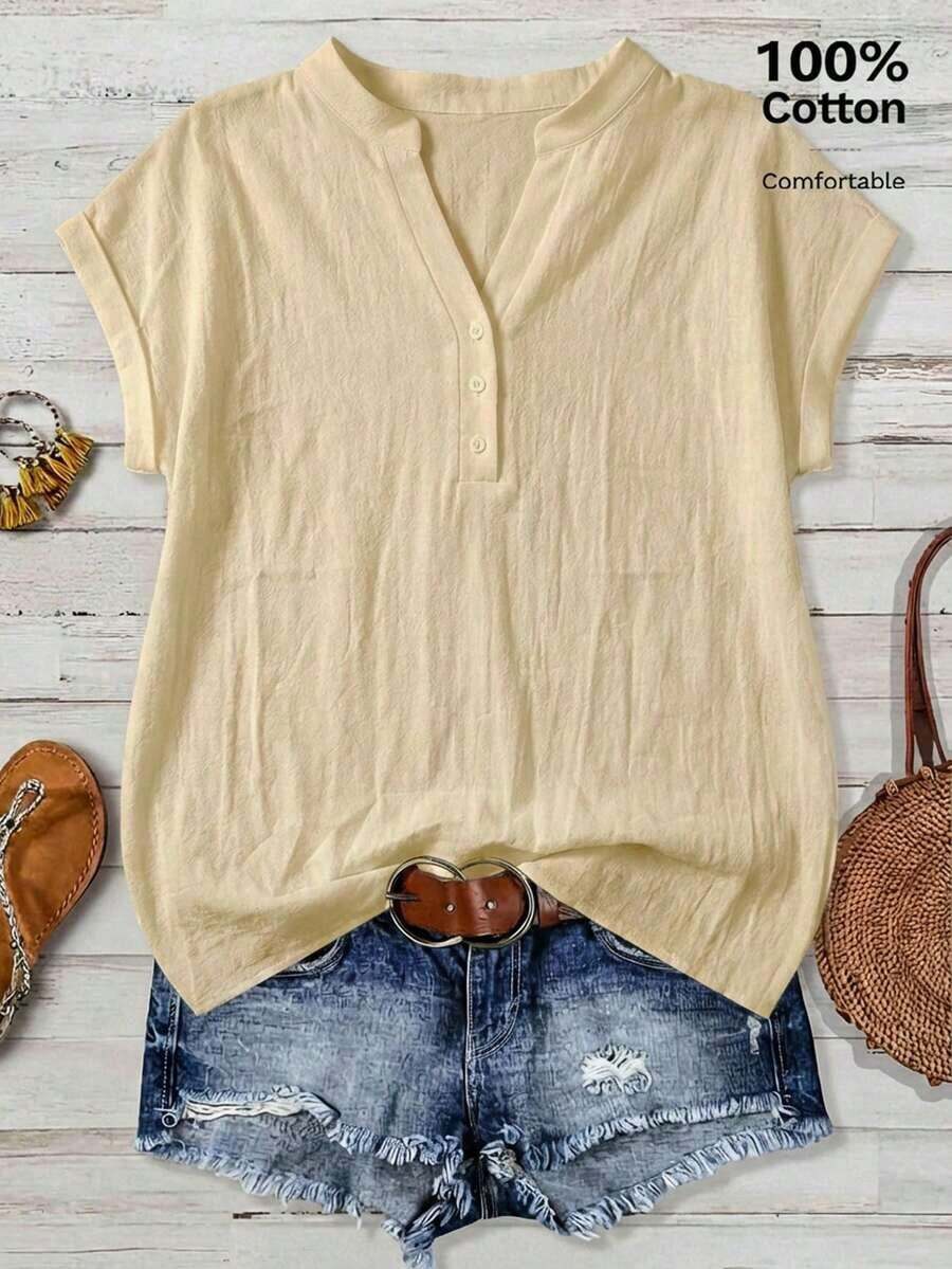 Camisa de mujer de unicolor con cuello en V, casual y versátil para uso diario - Albaricoque - Ver 1