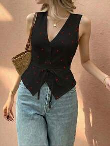 Blusa sin mangas de verano blanca con cuello en V, estampado de corazón y diseño de cintura anudada, versátil y de moda para mujer - Multicolor 2 - Ver 5