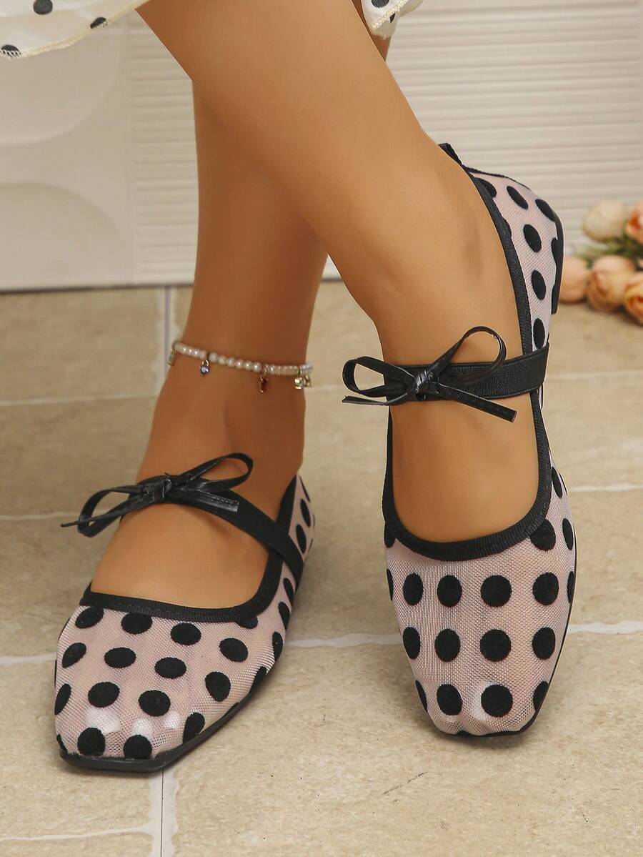 Women's Shoes, Size 35-43, Spring/Autumn New Arrival, Square Toe, Color Block, Fashion Ballet Shoes, Mesh Patchwork Mary Jane Shoes, Versatile For Commute, Office, Comfortable And Elegant Ladies Sandals, Slip-On Design - Mesh Bottom - Large Black Dots - View 1