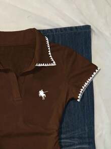 Camiseta casual de mujer con ribete de contraste y cintura fruncida, para verano - Marrón - Ver 4