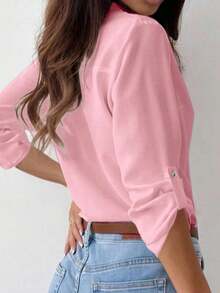 Camisa de mujer de manga larga de unicolor casual con puño - Rosa - Ver 2
