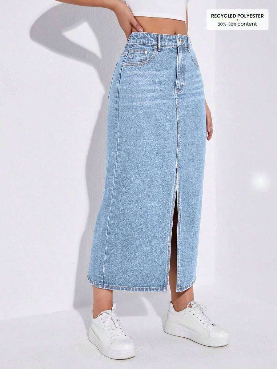 Falda vaquera larga casual con bolsillos y abertura lateral para mujer - Azul 2 - Ver 1