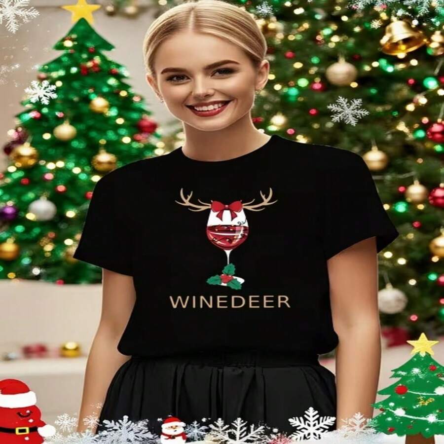 Women's Casual Cotton Round Neck Short Sleeve Christmas T-Shirt with 'WineDeer' Graphic Print, Perfect for Holiday Season - Negro - Ver 1