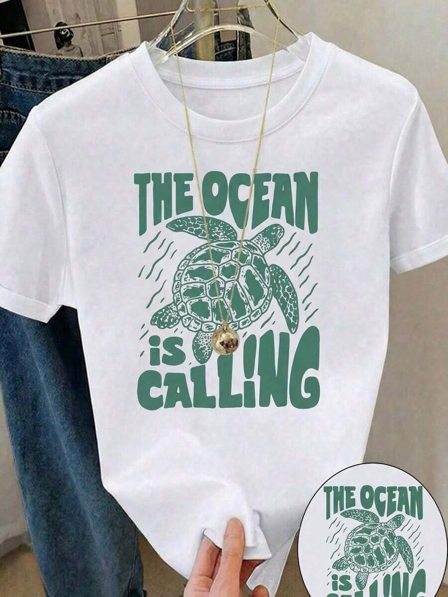 Women's Casual Short Sleeve Crew Neck T-Shirt With Sea Turtle Graphic Print, Polyester Fabric, Regular Fit, Women's Blouses, Women's T-Shirts, Casual Blouses For Ladies - 白色的 - 查看 1