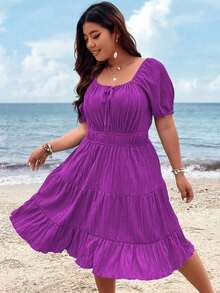 Clasi Vestido corto de manga corta en color burdeos de uso diario, sencillo y liso para mujeres de talla grande - Morado - Ver 3