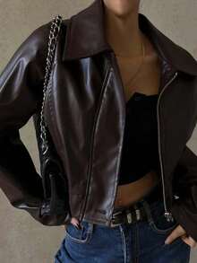 Chaqueta corta ligera con cremallera y cuello vintage para mujer, estilo casual americano, para primavera/otoño - Marrón - Ver 1