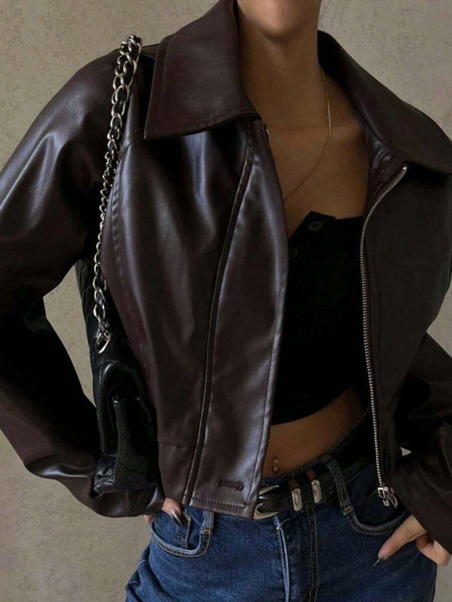 Chaqueta corta ligera con cremallera y cuello vintage para mujer, estilo casual americano, para primavera/otoño - Marrón - Ver 1