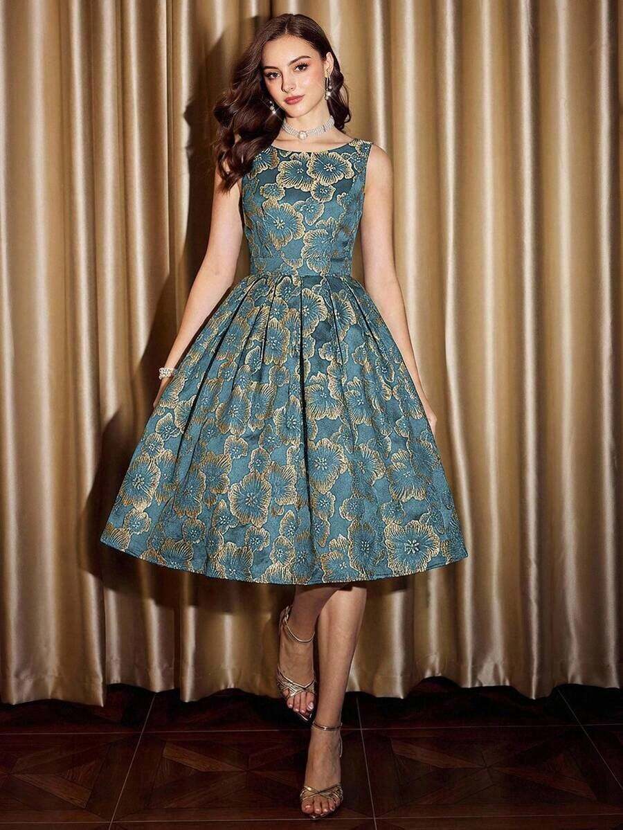 DECDS Vestido de mujer elegante y vintage con estampado floral de jacquard para fiestas, festivales y eventos elegantes.Vestidos largos elegantes para fiestas para mujeres en otoño, invierno, Navidad, Halloween y Año Nuevo. - Azul - Ver 1