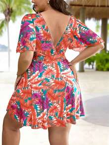 Swim Lushore Vestido de traje de baño con estampado de plantas tropicales, mangas con volantes y Bottom triangular para mujeres de talla grande - Multicolor 2 - Ver 2