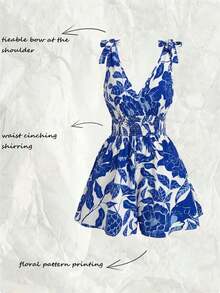 Mono sin mangas con estampado floral, nudo en el hombro y lazo en la cintura para mujer - azul real - Ver 5