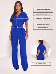 Women's Long Tailored Linen Set - Cropped Blouse And Pants - BLUE TIK LINEN - View 6