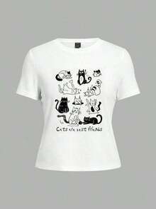 Women's Casual Short-Sleeved T-Shirt With Print, Loose Design, Pure Cotton, Breathable And Sweat-Absorbent, Suitable For A Casual Daily Look, For Going To Work And For Wearing On The Street. - 白色 - 查看 3