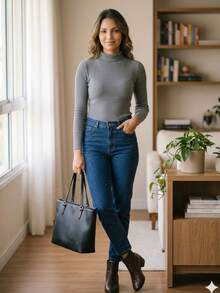 Women's Ribbed Turtleneck Sweater With Medium Neckline And Long Sleeves, Second-Skin Style, Simple And Casual. - Xám - Xem 4