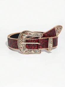 1pc Multicolor Bohemian Patterned Floral Element Metal Buckle Colorful Flower Print Women's Decorative Belt, Suitable For Commuting And Daily Wear - Red - Red Diamond - View 6