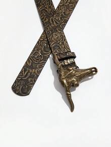 1条女士复古棕色花卉图案PU皮革腰带，配雕花金属扣，西部风格，适合通勤。 - 古銅色-牛頭 - 查看 3