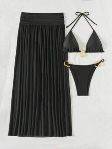 Vaytide Set de 3 piezas: Bikini de tela brillante de unicolor con diseño de aro de metal asimétrico + Vestido de malla larga tipo capa para la playa, traje de baño de resort vacacional para mujer - Negro - Ver 6