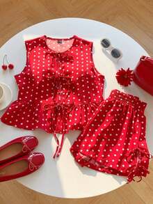 Set de 2 piezas de ropa de mujer con top tipo camiseta con cordones y shorts a cuadros, ideal para el Día de San Valentín - Rojo 2 - Ver 7