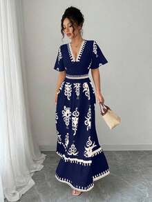 Vestido largo con mangas cortas, cintura fruncida y cinturón con estampado floral para mujeres - Multicolor - Ver 6