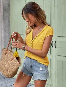 Camiseta de punto de gofre de cuello en V sólido, de manga corta, casual para primavera y verano - Amarillo - Ver 3