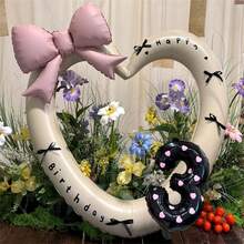Juego de globos de lámina con forma de corazón de 40 pulgadas de color crema (números del 0 al 9) con lazo de cinta de satén negro y pegatina "Feliz cumpleaños", decoración de globos con lazo rosa, adecuado para fiestas de cumpleaños, eventos al aire libre, aniversarios, fondos de boda - Número con lazo en forma de corazón recortado de color crema - Ver 5