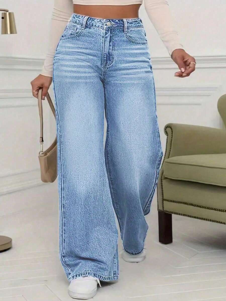 Women's Mid Waist Non Elastic Casual Loose Straight Leg Denim Pants Suitable For Daily Commuting And Home Wear - màu xanh lam trung bình - Xem 1