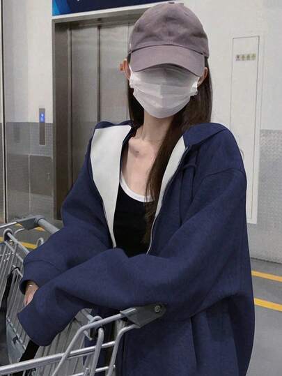 女士纯色长袖拉链连帽休闲卫衣