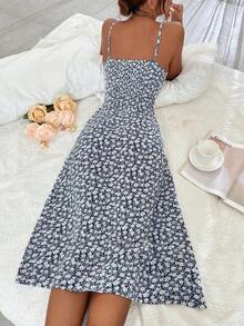 Vestido largo con estampado floral diminuto y abertura lateral para mujer - Azul marino - Ver 2