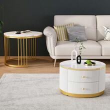Elegant Set Of 2 Stackable Coffee Tables In White, 60*60*45.5 Cm And 50*50*32 Cm, Round With A Glossy Marble Effect Finish, 2 Drawers, Load Capacity Up To 30 Kg, Combination Of Stackable Coffee Tables. - White - View 3