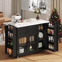 Mobile Kitchen Island With Folding Worktop, Kitchen Trolley, 5 Wheels, Multiple Storage Compartments, Spice Rack, Cutlery Drawer, 120 X 45 (70) X 90 Cm - Black - View 10