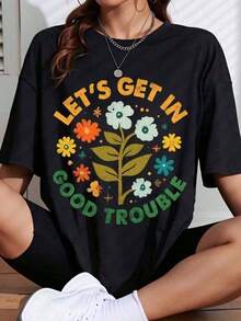 T-shirt à motif floral "Lets Get In Good Trouble" pour femmes, haut décontracté d'été avec des fleurs colorées et une citation inspirante, t-shirt noir à manches courtes pour le quotidien et les événements d'activisme, tenues d'été pour femmes, tenues de Pâques pour femmes, tenues de festival, vêtements d'été, tenues de printemps pour femmes, tenues pour la fête des mères, sommer, tops, oberteile, tshirt, tenue sommer damen, tops basiques, blusen für damen, style 2021. - Noir - Voir 1