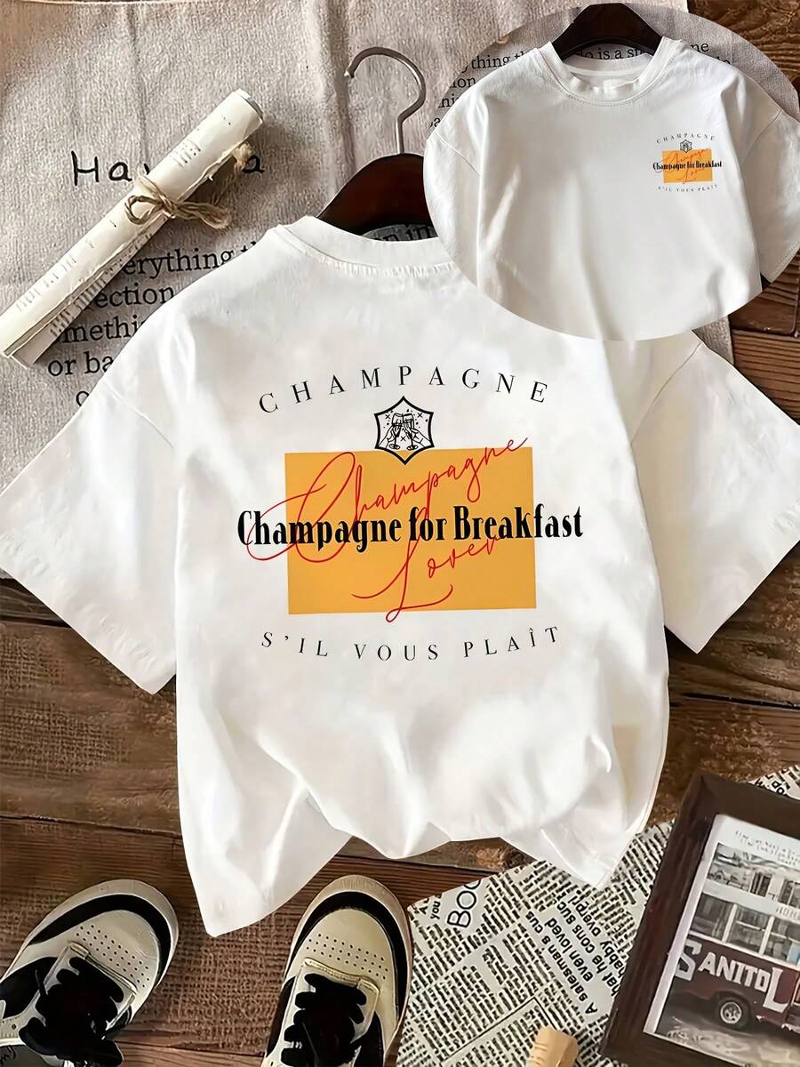 Women's Vintage T-Shirt [Double-Sided Print], Short-Sleeved, Round Neck, Casual Style, With The Brand "Champagne" And The Phrase "Champagne For Breakfast" Printed In A Yellow Rectangle On The Back, Machine Washable, Suitable For Casual Wear, Multi-Purpose Clothing, Fashionable T-Shirt, Comfortable Material, For Fashion Enthusiasts. - 白色 - 查看 1