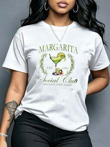 Margarita Social Club Women's Clothing Est. 1993 Tequila Summer Cocktail Graphic Print T-Shirt, Casual Short Sleeve Summer Tee, Everyday Casual Basic, Women's Shirts - 白色 - 查看 6