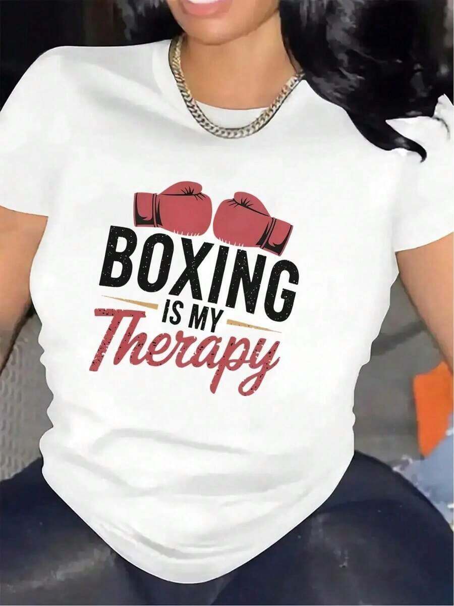 Women's Clothing Women's Boxing Gym T-Shirt - "Boxing Is My Relax" Graphic Tee - Lightweight Polyester Workout T-Shirt For Boxing Training, Fitness - With Red Lettering - Breathable Sports Top For Female Boxers And Fighters - Casual Gym Wear, Boxing Gear, Sporty Design, Comfortable Fit, Workout Clothes, Athletic Style, Durable Material, Training T-Shirt, Women's Shirts For Fitness Enthusiasts - 白色 - 查看 1