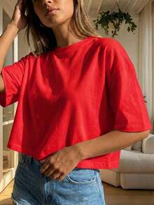 Blusa de mujer de cuello redondo, manga corta, holgada y casual, adecuada para primavera y verano, con estilo minimalista, elegante y sexy Y2K, versátil para el trabajo, el hogar y salir - Rojo - Ver 3