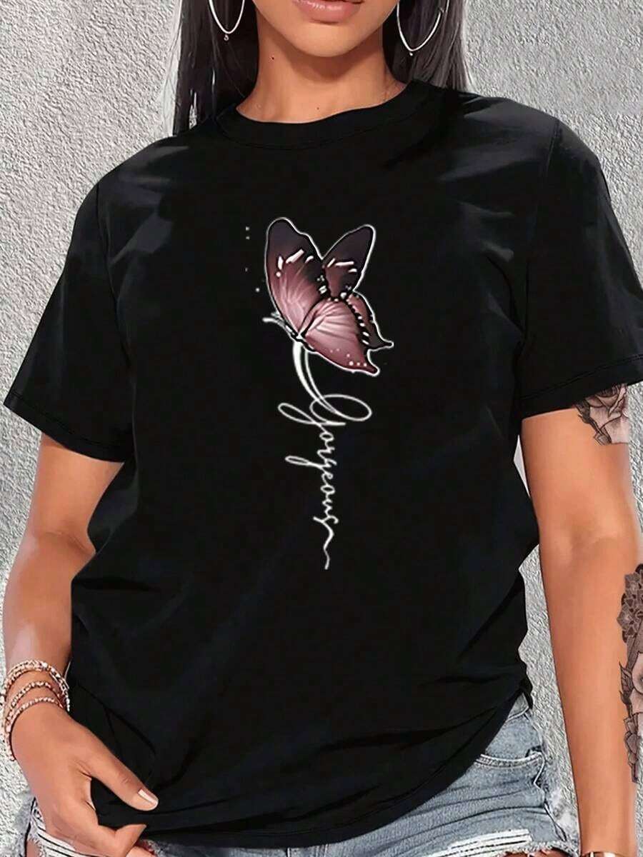 Playera mujer algodón 100% negra con estampado gráfico de mariposa rosa, diseño casual de manga corta, cuello redondo, estilo cómodo y transpirable para uso diario - Negro - Ver 1