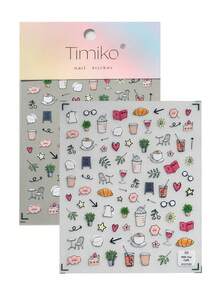 1款溫柔療癒咖啡廳風美甲貼紙，含咖啡杯、可頌、蛋糕、書本與植物，適合日常通勤、成熟穿搭、柔美風愛好者、學生、媽媽及DIY新手 - 彩色 - 查看 11