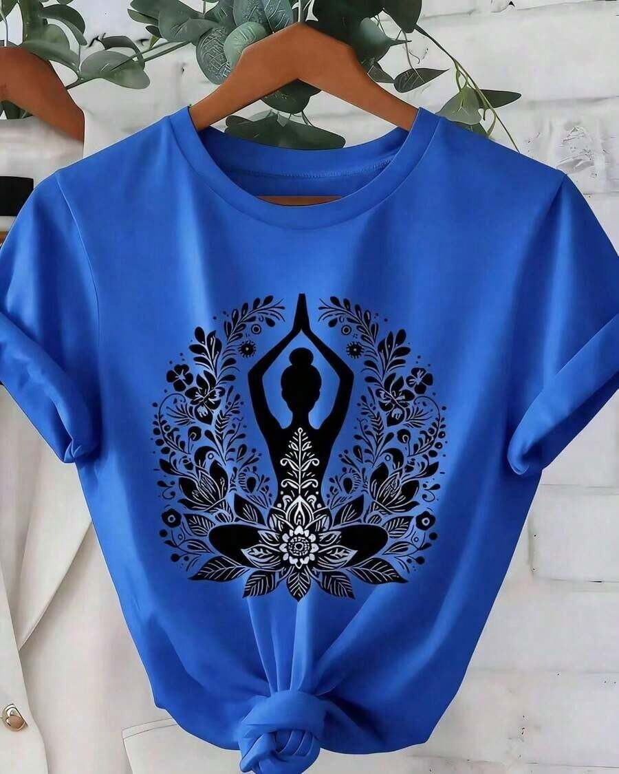 | 100% Algodón Puro y Transpirable| 1pc Camiseta de Manga Corta para Mujeres con Estampado de Mandala de Loto - Diseño Bohemio, Ajuste Cómodo y Transpirable, Cuello Redondo, Top Casual de Yoga, Lavable a Máquina, Ropa para Todas las Estaciones, Top Unisex para Verano - Azul - Ver 1