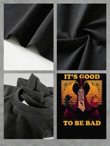 Figura central con expresión desafiante inspirada en la dualidad entre lo bueno y lo malo sobre fondo dorado con detalles artísticos camisetas de mujer  casual cómoda para uso diario y perfecta para mostrar confianza y personalidad - Negro - Ver 4