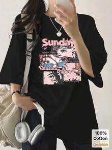 Camiseta de manga corta de longitud media con diseño de dibujos animados personalizado, top casual a la moda para mujer, ideal para vacaciones, estilo vintage de verano, estilo callejero, holgada, de algodón, con cuello redondo. - Negro - Ver 4