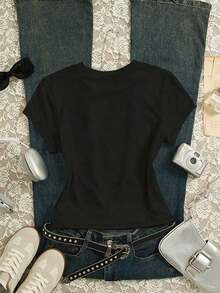 Camiseta Personalizada de Manga Corta con Cuello Redondo y Estampado de Lema para Mujer - Estilo Vintage Urbano, Camiseta Holgada de Algodón con Cuello Redondo y Manga Corta - Negro 2 - Ver 2