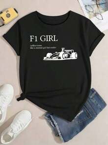 Minimalist F1 Racing Graphic T-Shirt, Combed Cotton, Lightweight, Relaxed Fit, Streetwear, Basic And Durable. Women's Simple Solid Color T-Shirt, Loose And Slim Fit Casual Short Sleeve - 黑色 - 查看 3