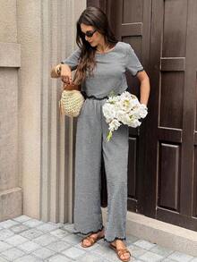 2 piezas Conjunto de top de manga corta de cuello redondo y pantalones de color contrastante para mujer - Blanco y Negro - Ver 2