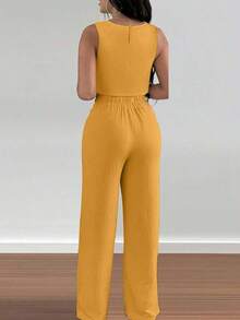 Set de 2 piezas para mujer con top corto elegante con diseño calado y ata y pantalón recto para vacaciones - Amarillo - Ver 2