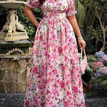 Plus Size Elegant Floral Print Cutout Dress, Spring/Summer - Multicolor - Ver 2